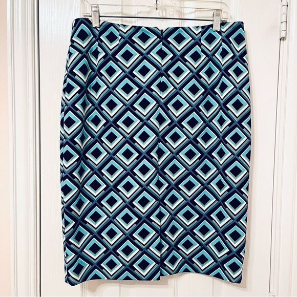 KASPER Abstract Print Pencil Skirt Back Slit Navy Blue Teal 10 - Picture 7 of 10